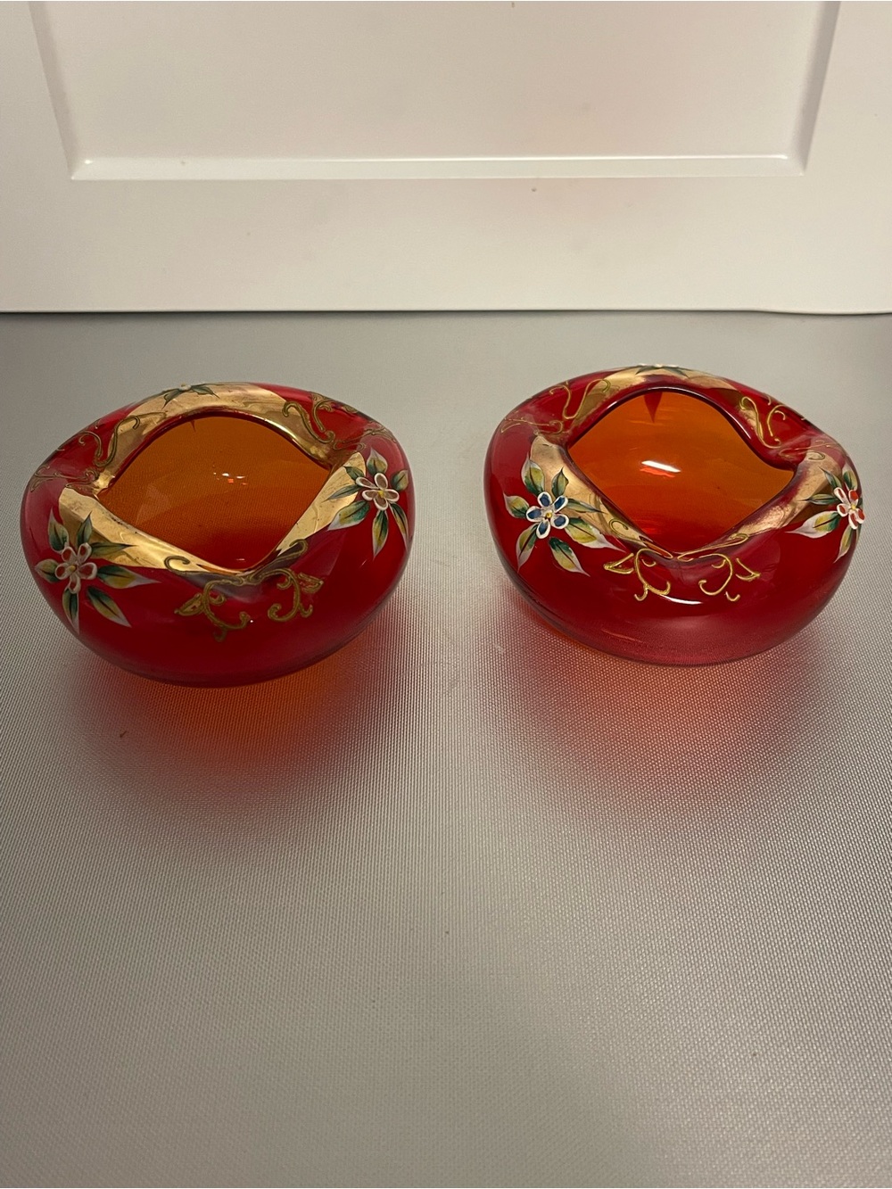 Vintage Arco Japan Orange/Red Hand Painted Glass Ashtray Floral -  Lot of 2